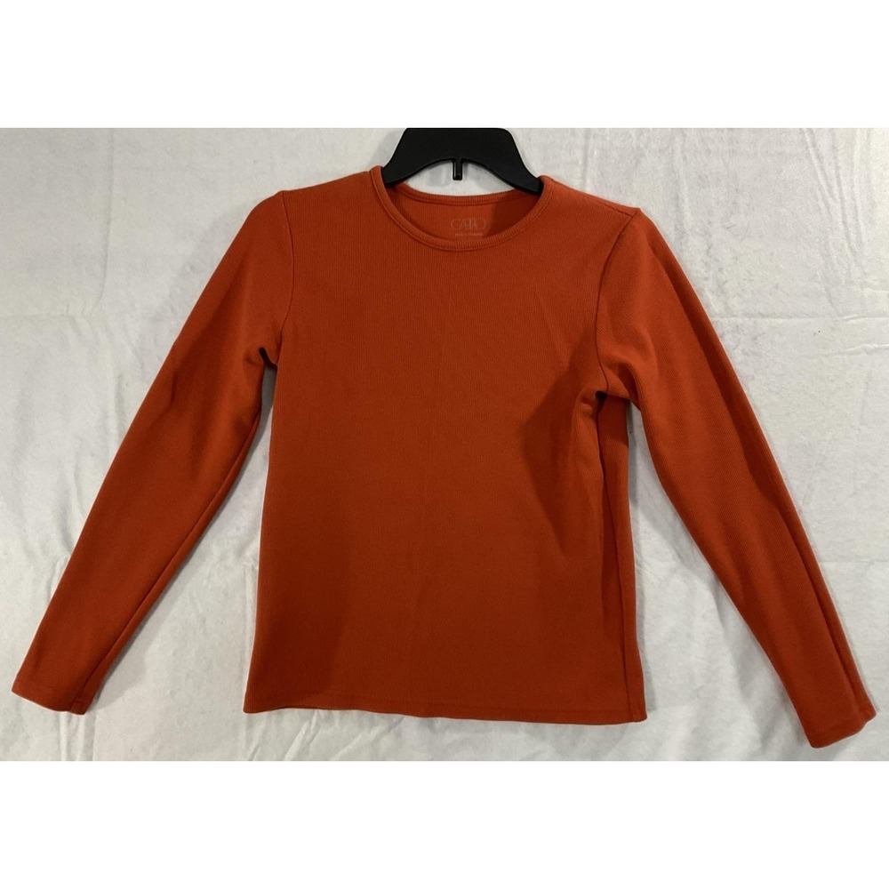 Cato Shirt Womens Small Orange Ribbed Knit Long Sleeve Crew Neck Top Stretch